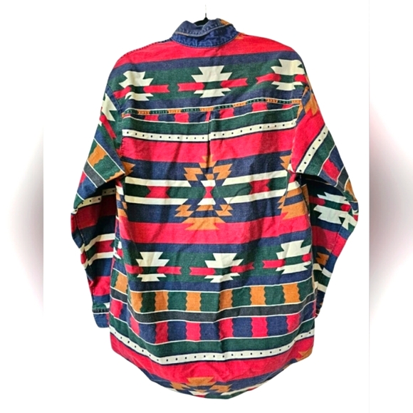 Vintage Men's New River J. Riggings Western Aztec Denim Longsleeve Button Up Top - Picture 2 of 13